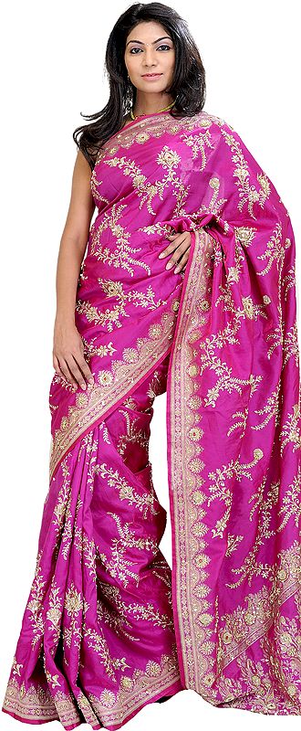 Deep-Orchid Wedding Sari from Banaras with Hand-Embroidered Beads and Sequins