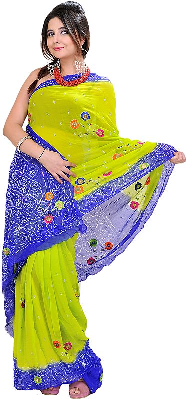 Parrot-Green and Blue Bandhani Tie-Dye Sari from Rajasthan with Embroidered Flowers and Sequins