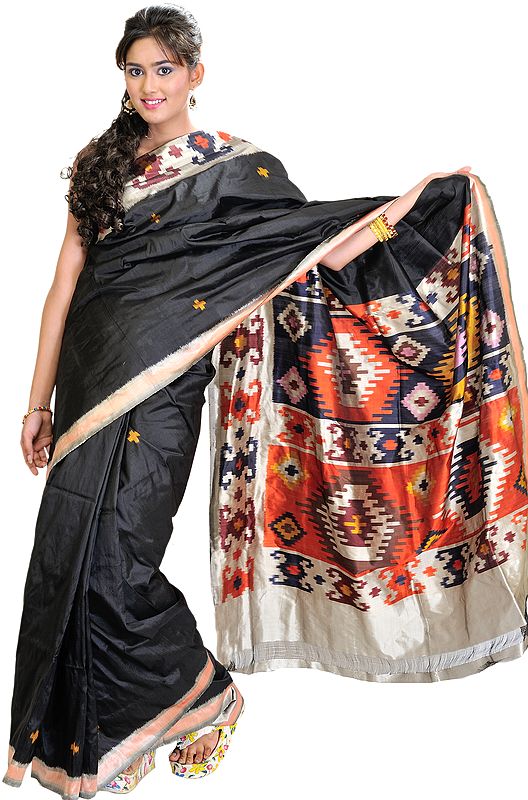 Jet-Black Pochampally Sari with Ikat Weave on Border and Anchal