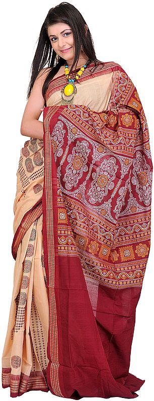 Beige and Red Bomkai Sari from Orissa with Hand Woven Chakras and Rudraksh Border