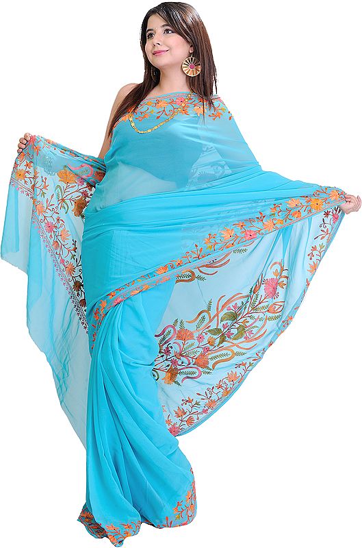 French-Blue Sari with Kashmiri Floral Embroidery on Border and Anchal