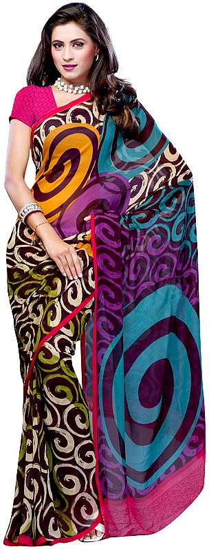 Black Sari from Surat with Arabesque Print