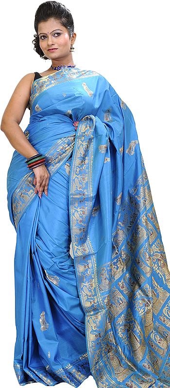 Swedish-Blue Baluchari Sari from Bengal Depicting Mythological Episodes