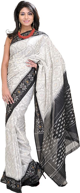 Black and White Ikat Sari from Pochampally with Woven Flowers