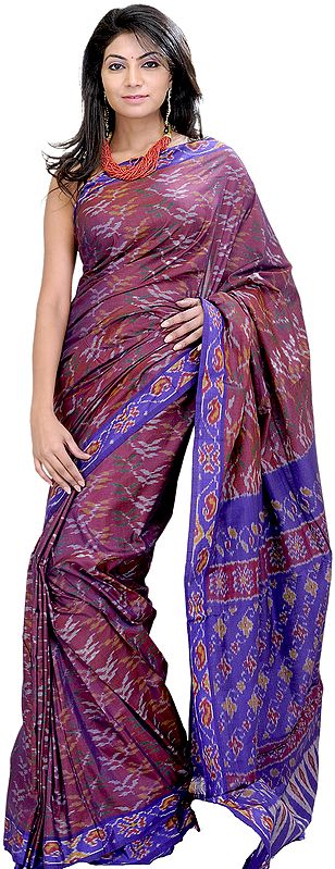 Violet-Quartz and Blue Ikat Sari Hand-Woven in Pochampally