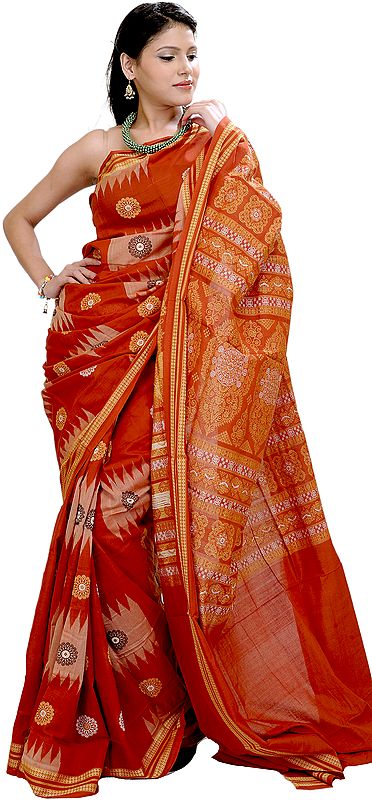 Orange-Rust Bomkai Sari from Orissa with Hand Woven Chakras
