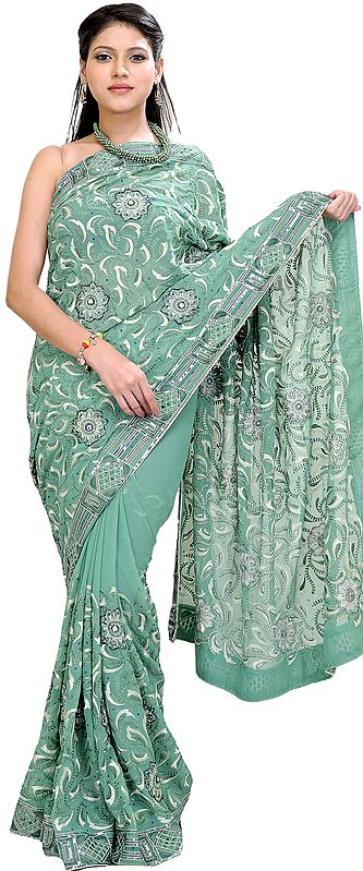 Sea-Green Wedding Sari with Thread Embroidered Flowers and Sequins