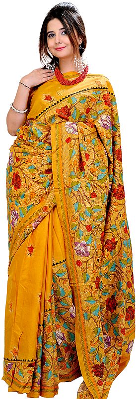 Sunflower-Yellow Kantha Sari from Kolkata with Hand-Embroidered Flowers