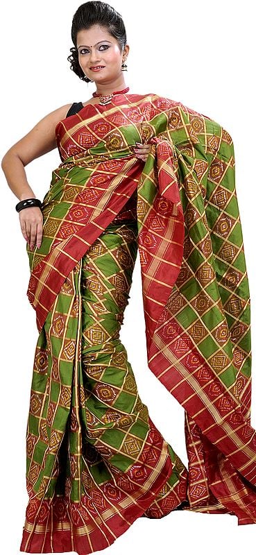 Green and Red Ikat Wedding Sari Hand-Woven in Pochampally