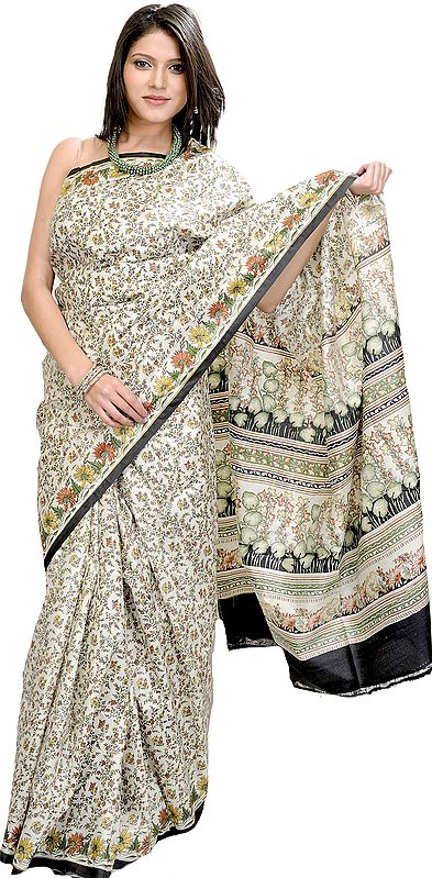 Off-White Floral Print Sari with Plain Border