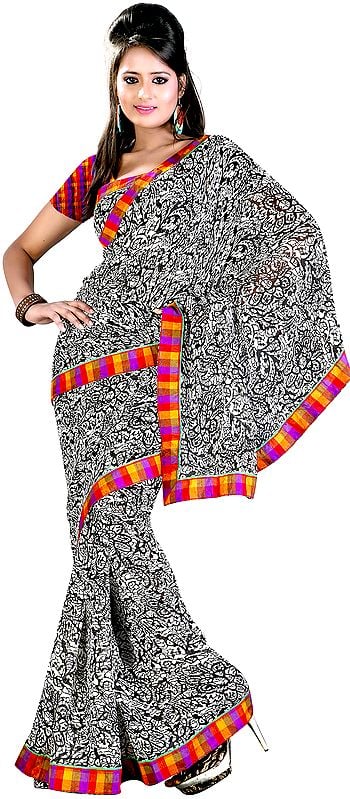 Black and White Printed Saree from Surat with Patch Border