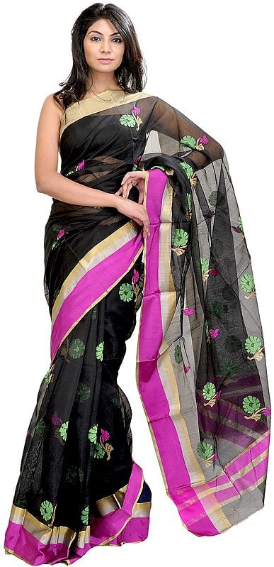 Jet-Black Chanderi Sari with Woven Flowers in Multi-Colored Thread