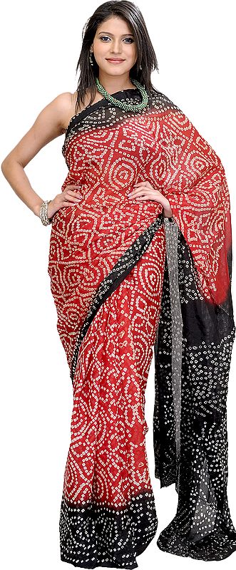 Red and Black Bandhani Tie-Dye Sari from Jodhpur
