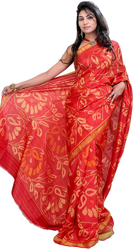 Poppy-Red Patan Patola Sari Hand-Woven in Gujarat