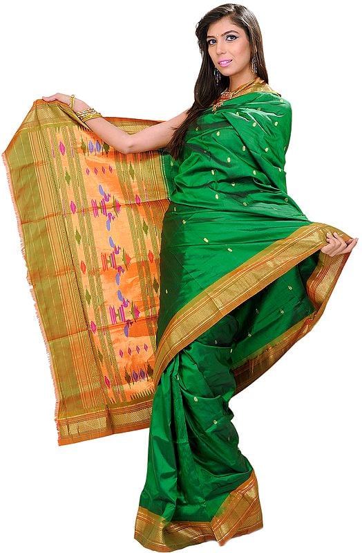 Dark-Green Paithani Sari with Hand-woven Peacocks on Aanchal