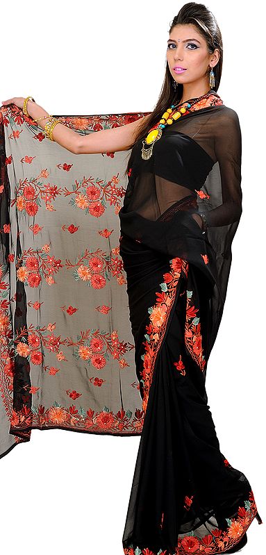 Jet-Black Kashmiri Sari with Aari Embroidered Flowers