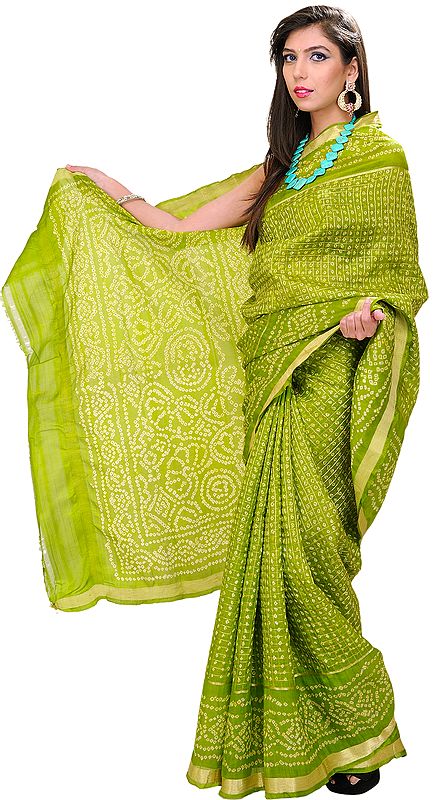 Parrot-Green Bandhani Tie-Dye Gharchola Sari from Gujrat with Golden Thread Weave