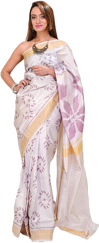 Gray-Lilac Patan Patola Ikat Sari Hand-Woven in Gujarat