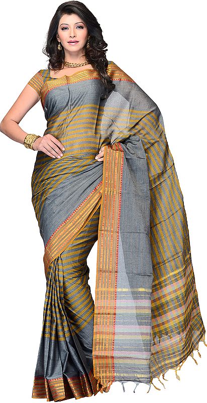 Steel-Gray Hand Woven South-Cotton Sari with Woven Striped and Golden Border