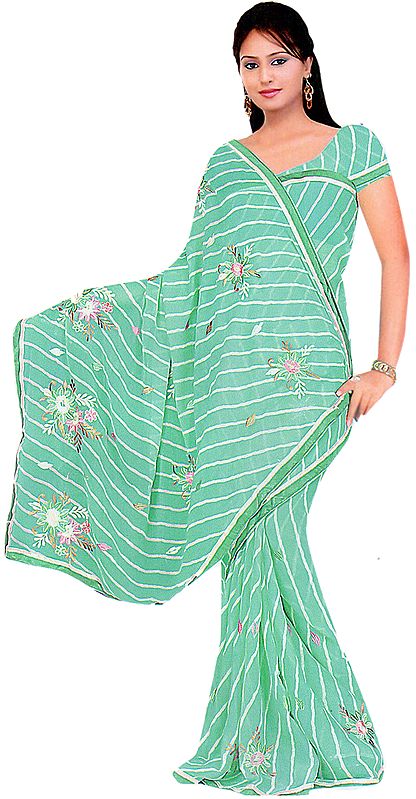 Pool-Green Printed Leheria Sari with Embroided Flowers