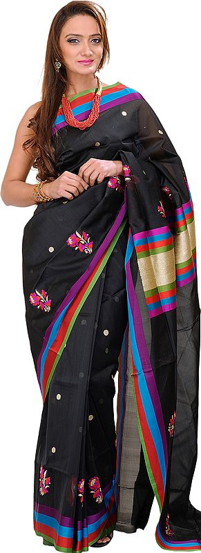Pirate-Black Banarasi Sari with Multi-colour Border and Hand-Woven Flowers