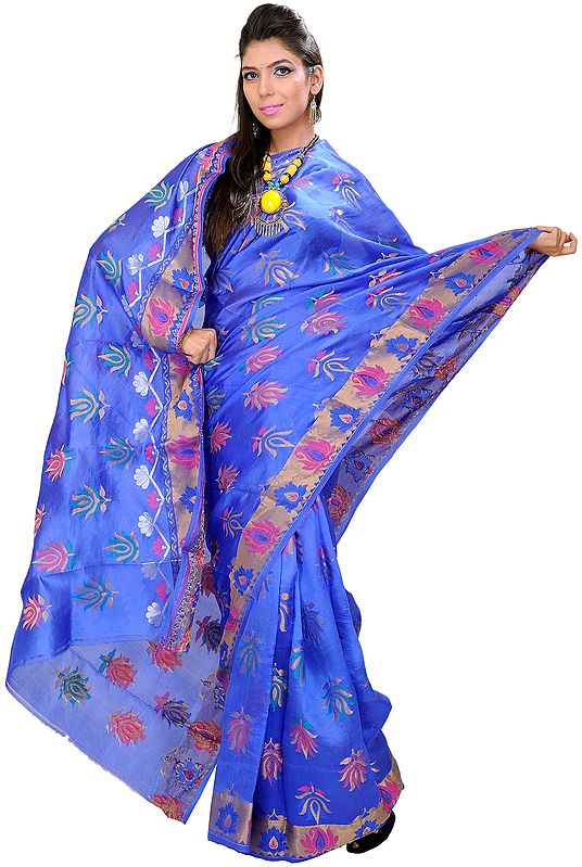Banarasi Sari with All-over Hand-Woven Lotuses in Multi-Colored Thread