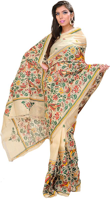 Cloud-Cream Kantha Sari from Kolkata with Hand Embroidered Birds and Foliage