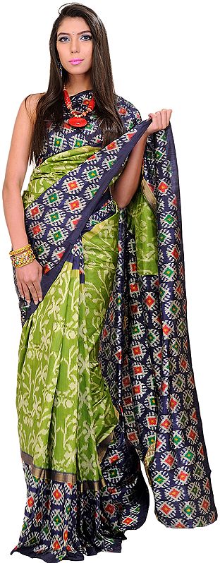 Peridot-Green and Blue Patola Handloom Sari from Pochampally with Ikat Weave