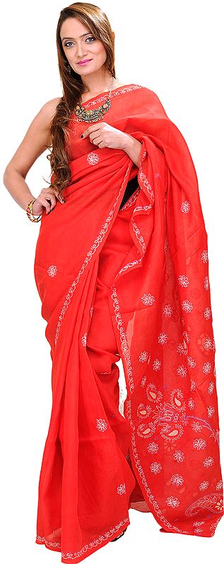 Tomato-Red Hand-Embroidered Chikan Sari from Lucknow