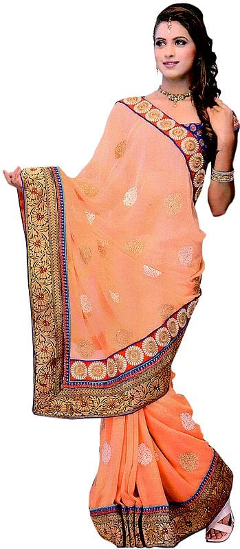 Dusty-Coral Wedding Sari with Metallic-Thread Embroidered Patch Border