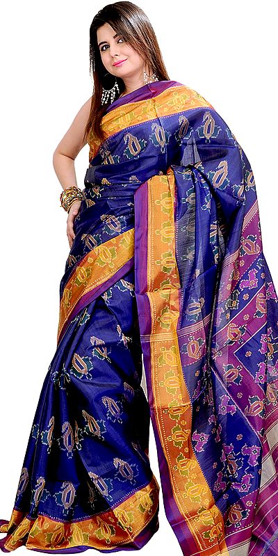 Twilight-Blue Patan Patola Ikat Sari from Gujarat with Hand-Woven Paisleys