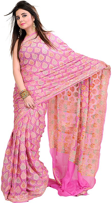 Aurora-Pink Bandhani Sari from Jodhpur with Woven Flowers All-Over