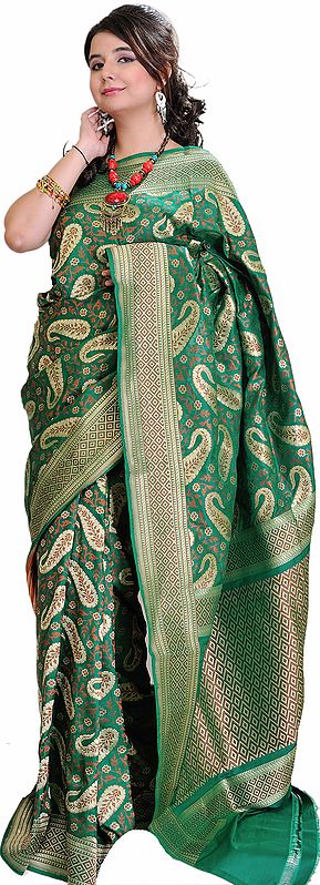 Ultramarine-Green Banarasi Sari with Woven Paisleys and Brocaded Aanchal