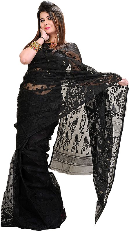 Jamdani Handloom Sari from Bengal with Self-Colored Weave