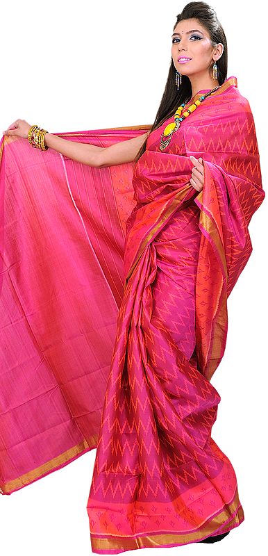 Paradise-Pink Patan Patola Sari from Gujarat with Ikat Weave and Golden Border
