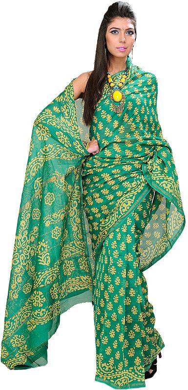 Jelly-Bean Chanderi Sari with Printed Flowers All-Over