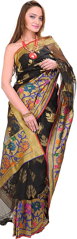 Wedding Sari from Banaras With Woven Leaves  and Lotuses on Border