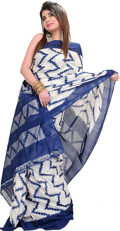 White and Blue Sari from Pochampally with Ikat Weave and Plain Border