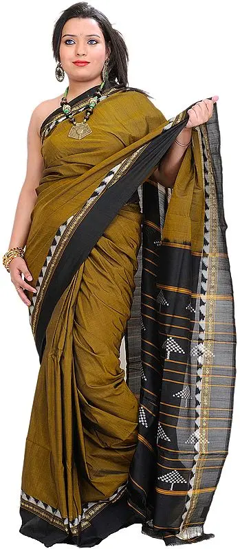 Dull-Gold Plain Patola Sari from Pochampally with Ikat Weave on Anchal