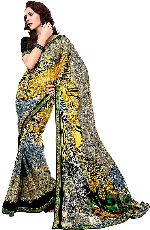 Multi-Colored Designer Sari with Patch Border and Printed Krishna on Aanchal