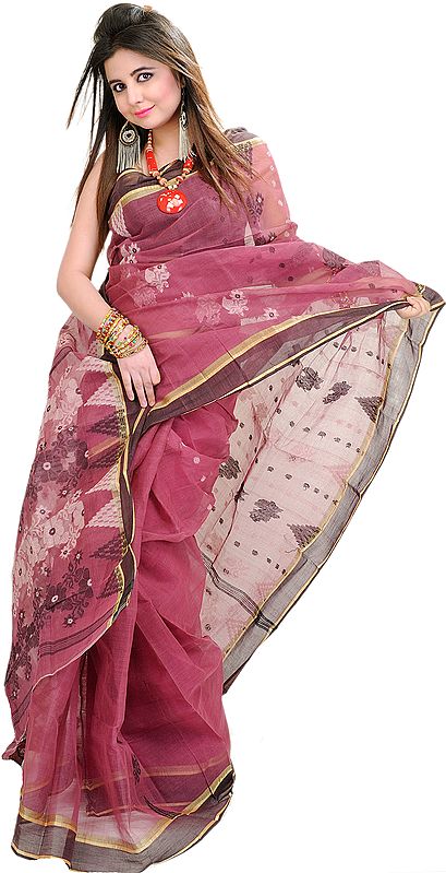 Tulipwood Tangail Sari from Bengal with Woven Flowers and Plain Border