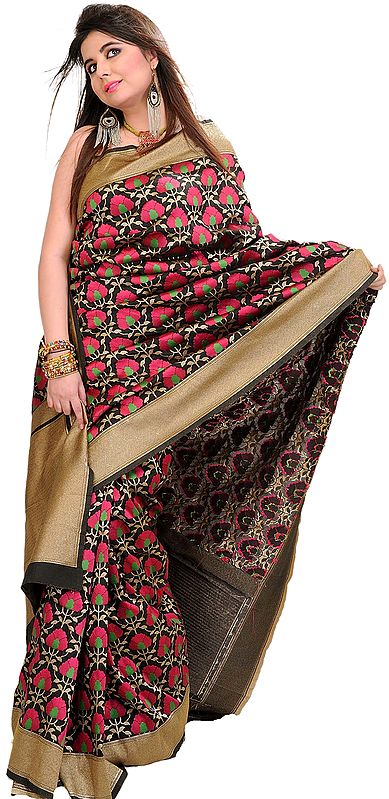 Pirate-Black Banarasi Sari with Woven Flowers and Golden Border