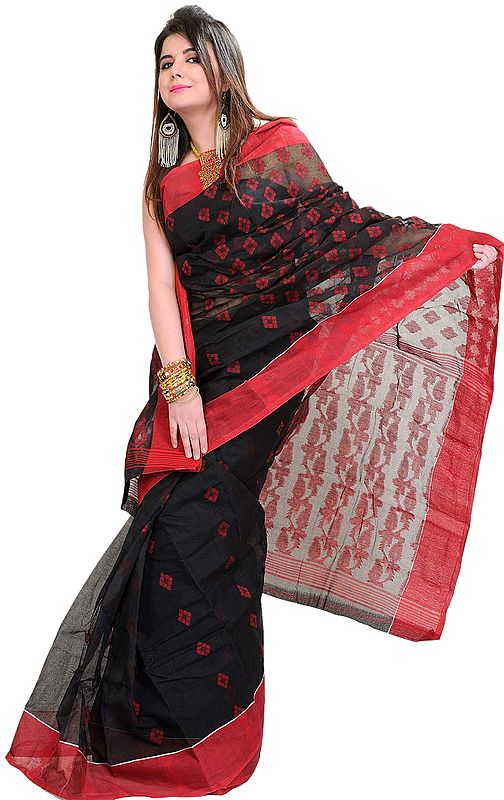 Black Tant Sari from Bengal with Woven Bootis in Red Thread