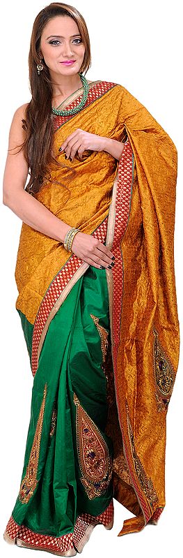 Pale-Gold and Green Banarasi Sari with Embroidery in Self and Paisley Patches