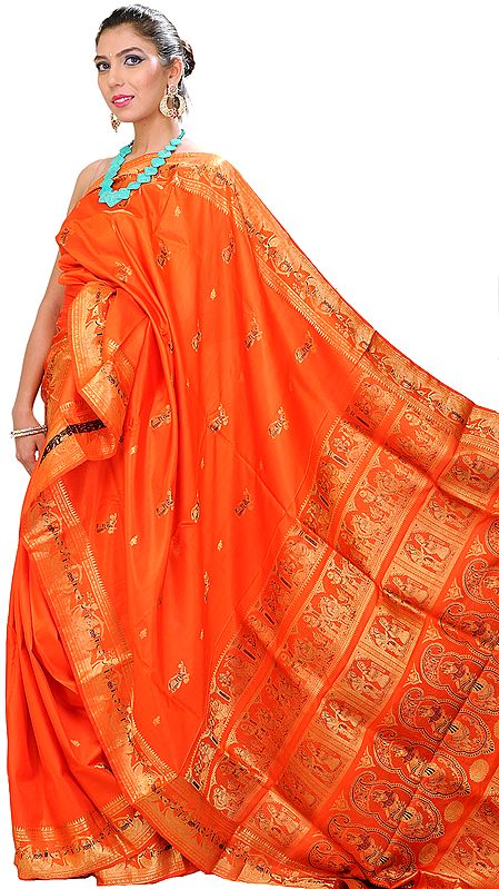 Flame-Orange Baluchari Sari Hand-Woven in Bengal Depicting a Hindu Swayamvar