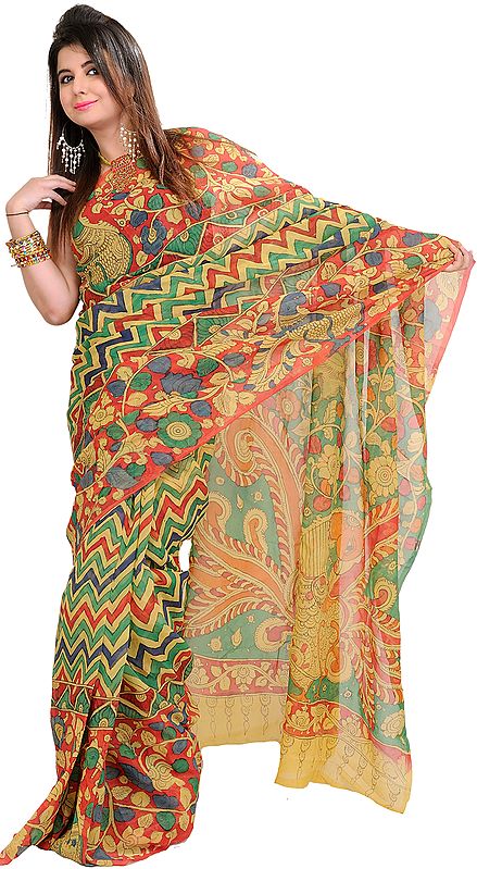 Multi-Colored Kalamkari Sari from Telangana with Printed Peacocks and Flowers