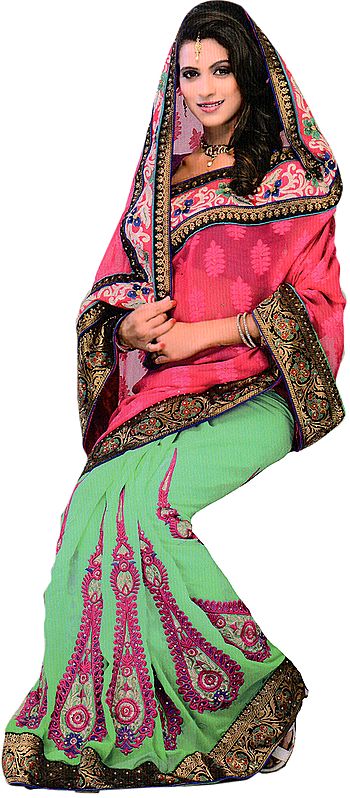 Pink and Green Designer Wedding Sari with Thread Embroidered Paisleys and Patch Border