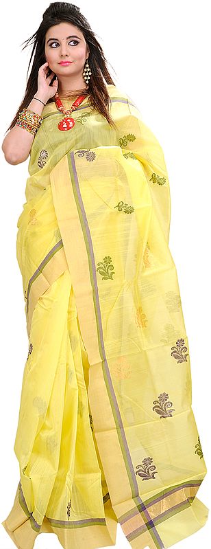 Yellow Chanderi Handloom Sari With Woven Flower and Golden border