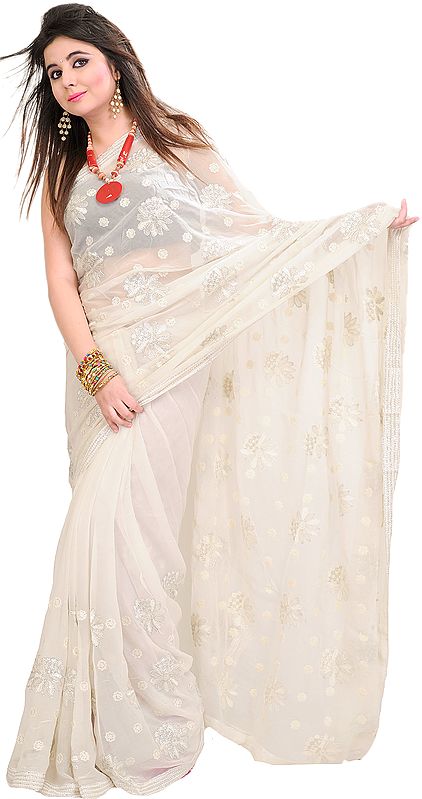 Egret Colored Wedding Sari with Thread Embroidered Flowers and Sequins