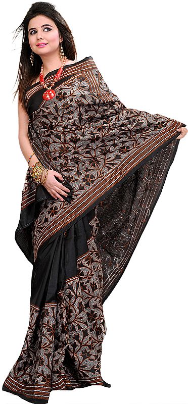 Black Kantha Sari from Kolkata with Hand Embroidered Flowers